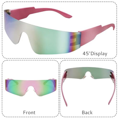 2 Pcs Futuristic Wrap Around Sunglasses Y2K Fashion Trendy Rimless Glasses Punk Eyewear for Women Men - color: Silver+pink