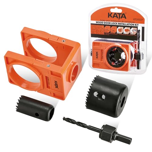 KATA 1-3/8" - 1-3/4" Door Lock Installation Kit with Large Chip-Clearance Slots, Door Lock Hole Saw for Deadbolts and Locksets for Wooden Doors with Guide Template, Carbon Steel, Orange - color: Orange