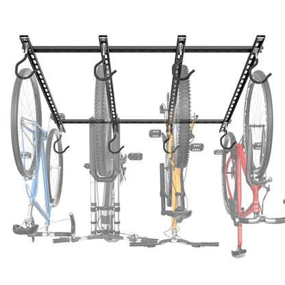 TORACK Ceiling Bike Rack for Garage, Ceiling-Mounted Bicycle Storage Hooks for 4 Bikes (Horizontal) or 8 Bikes (Vertical), Adjustable Overhead Bicycle Hooks for Mountain, Road, and Kids' Bike