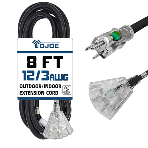 YOJOE 3-Outlets Indoor Outdoor Extension Cord with Lighted End, 3 Prong 15A Weatherproof Power Cord, 12 Gauge Heavy Duty 8 ft Black Extension Cord Multiple Outlets, 12/3 SJTW UL Listed - color: Black, size: 8 Foot