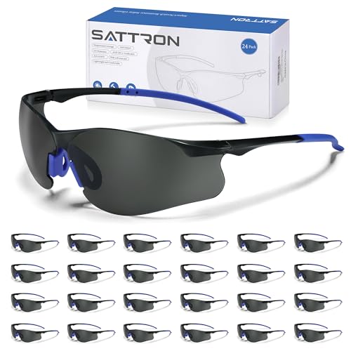 Safety Glasses Tinted 24 Pack, Protective Eyewear for Men Women UV Protection ANSI Z87.1, Safety Sunglasses Bulk Scratch Impact Resistant Eye Protection with Nose Pads for Construction Work Smoke - color: Smoke Lens/Blue Temples, style: 24 Pack
