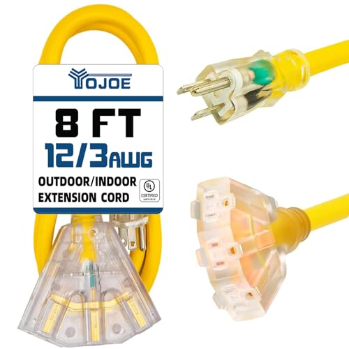 YOJOE 3-Outlets Indoor Outdoor Extension Cord with Lighted End, 3 Prong 15A Weatherproof Power Cord, 12 Gauge Heavy Duty 8 ft Yellow Extension Cord Multiple Outlets, 12/3 SJTW UL Listed - color: Yellow, size: 8 Foot