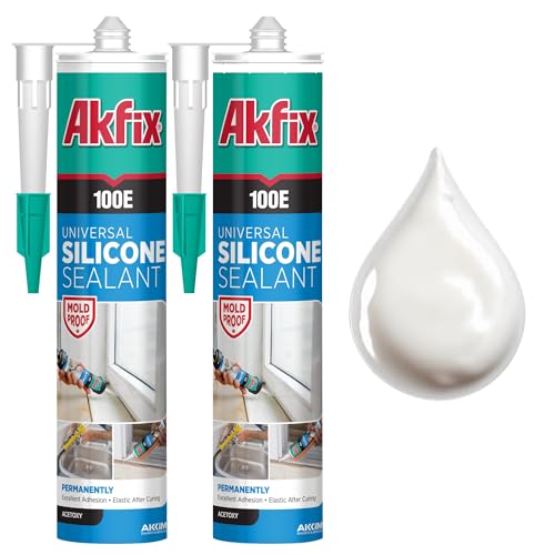 Akfix 100E RTV White Silicone Caulk (2x10.1 fl.oz.) - 100% Waterproof Silicone Sealant for Kitchen and Bathroom, Shower, Toilet, Sink, Window and Door, No Yellowing | White, 2 Pack - color: White, size: 2 Pack
