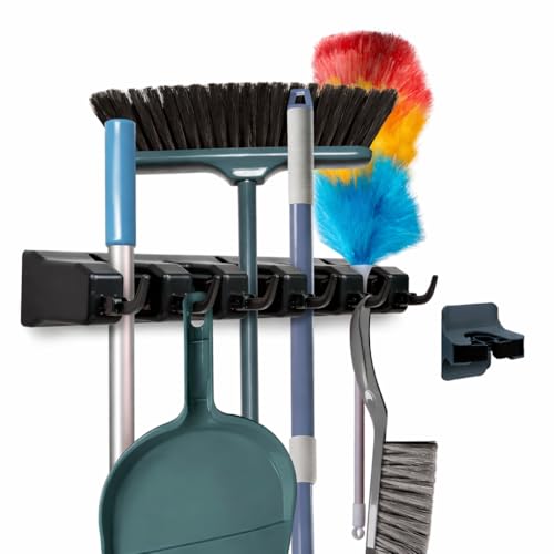 Combo 5 Slot Broom Holder w/ 1 Self Adhesive Mop Gripper No-Drilling, Wall Mount Tool Organizers For Kitchen, Garage, Laundry Room- Anti-Slip Hanger For Brooms, Mops, Rakes, Dustpans (Black / Black) - color: Black, size: 1 Pack W/ Small Broom Holder