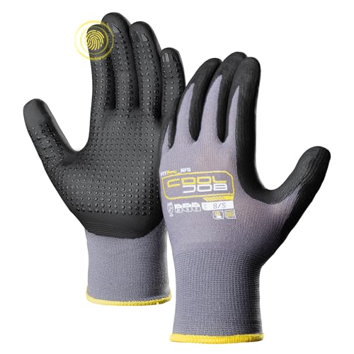 COOLJOB 36 Pairs Nitrile Rubber Dipped Safety Work Gloves with Grip Dots, Seamless Knit Nylon Gloves with 2 Fingers Touchscreen, Non-slip Coated for Warehouse, Home Improvement, Yard, Grey Small - size: Small, style: Smart Touch(36 Pairs)