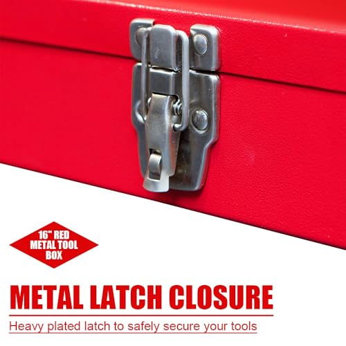 Portable Tool Box, Metal Tool Box, 4 Non-Slip Foot Pads, Ideal for Trailer, Mechanic, DIY-ers, Car Toolbox, Workshops, Garages, Repair Shops,Red - size: 1P-16in-Red