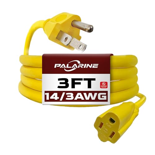 3ft Yellow Extension Cord Waterproof, UL Listed, 14/3 SJTW Heavy Duty 3 Prong, 14 Gauge 15A Power Cord Ideal for Lights, Appliances, and Lawn - color: Yellow, size: 3 FT, style: 14/3
