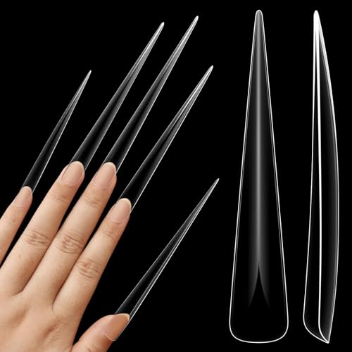 NOVO OVO Halloween Extra Super Extreme Long Stiletto Nail Tips, 5XL XXXXXL Clear Full Cover French Tips False Fake Nail Extension, Sharp Fishbone Arrow Head Nails for Professional 120 pcs 12 Size - color: Super Long Stiletto