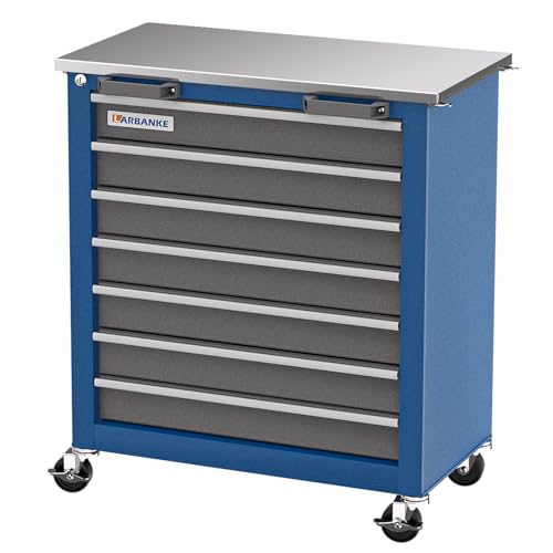 LARBANKE 7-Drawer Rolling Tool Chest with Key Locking System,Tool Chest with 360° Lockable Wheels and Four Padded Feet,can be Formed into a Large Workbench,Tool Storage Chest for Garage Workshops
