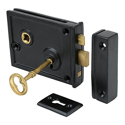 A29 Cast Iron Rim Lock Heavy Duty, Weather and Rust Resistant, Manual Latch for French & Screen Doors, Easy Install Hardware Included - Black Powder Coat Finish, 4.1" x 3.1" x 1.4" Backset - style: Horizontal Rim Lock