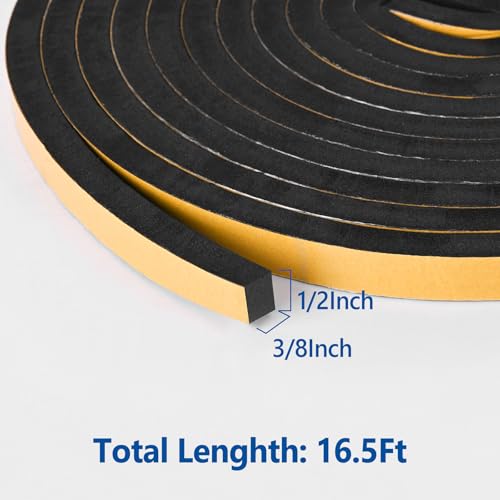Self Adhesive Foam Tape Weatherstrip 1/2in x 3/8in x 16.5Ft High Density Foam Insulation Strips Foam Seal Weather Stripping with Strong Adhesive for Door and Window Sound Isolation Soundproofing - size: 1/2in X 3/8in X 16.5ft