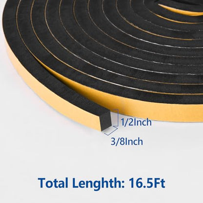 Self Adhesive Foam Tape Weatherstrip 1/2in x 3/8in x 16.5Ft High Density Foam Insulation Strips Foam Seal Weather Stripping with Strong Adhesive for Door and Window Sound Isolation Soundproofing - size: 1/2in X 3/8in X 16.5ft