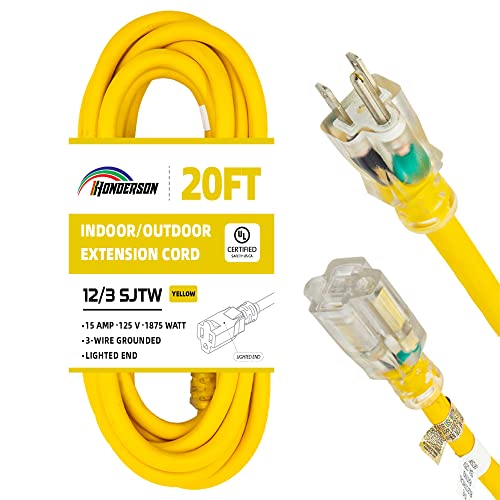 Indoor Outdoor Extension Cord Weatherproof with Lighted End, UL Listed, 12 Gauge 20FT Yellow 3 Prong Heavy Duty, 12/3 SJTW 15A Power Cord for Outdoor Lights, Lawn - size: 20FT, style: 12/3