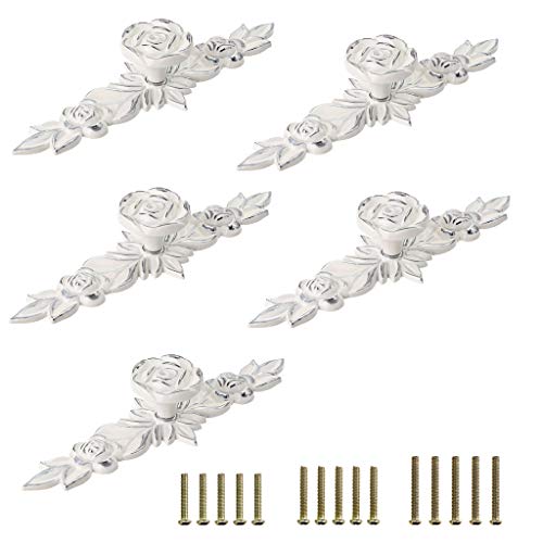 JUXYES Pack of 5 Euro Rose Decorative Cabinet Knobs with Plate, Floral Ivory Drawer Knob Cupboard Door Knobs, Ivory White Drawer Pulls Cabinet Handle Knobs for Dresser Cabinet (L, Ivory with Silver) - color: Ivory with Silver, size: Large