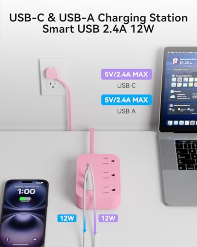 Pink Power Strip - 5Ft Extension Cord with 3 USB(1 USB C) Charging Station and 3 Outlets, Pink Desk Accessories for Cruise Travel Cute Kawaii College Dorm Desk Home Essentials - size: 5FT-Pink