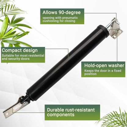 Storm Door Closer Kit with Protector Chains Spring, Complete Screen and Storm Door Hardware Repair Kit with Pneumatic Closer & Latch Set, Adjustable Closing Speed (Black) - size: Black - 1 Pack