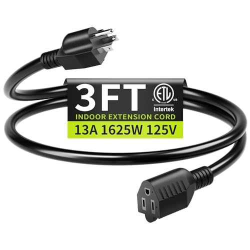 16/3 3FT 13A 125V 1625W, Black Indoor Extension Cord, Short Extension Cord for Laptops, Coffee Makers, Office Home Appliances, 3 Prong Small Resistant Cable Flexible, ETL Listed - color: Black, size: 3FT, style: 16AWG Extension Cord