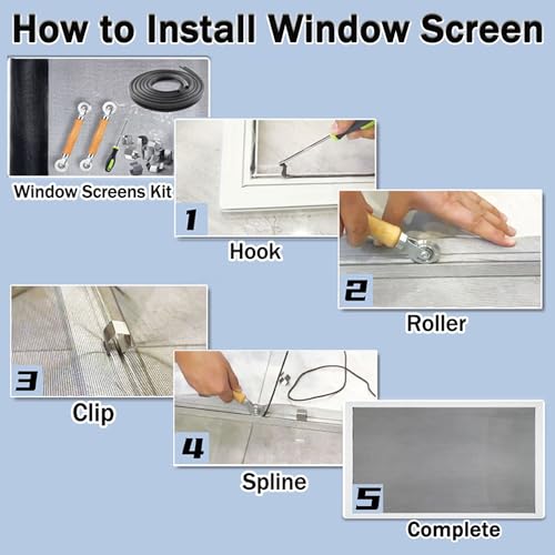 King&Charles Window Screen Door Repair/Replacement Kit, Include Black Screen Mesh 48"x118"+ 2 Roller+50Ft Spline+8Clips+Hook, 6 in 1 Window Mesh Kit, Steel/Nylon Bearing Roller - color: Black, size: 48"×118" Kit