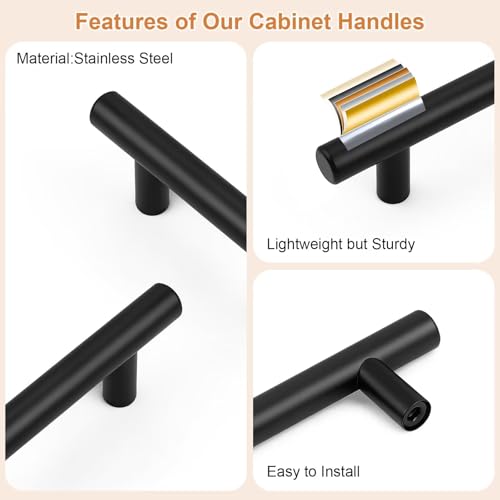 Probrico 5 Pack Hole Centers (64mm) 2-1/2inch Black Kitchen Cabinet Handles Stainless Steel Matte Black Cabinet Pulls Round T Bar Pull Handle for Cabinets and Drawers Total Length 4inch(100mm) - color: Black, size: Hole Centers: 2-1/2"