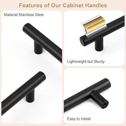 Probrico 5 Pack Hole Centers (64mm) 2-1/2inch Black Kitchen Cabinet Handles Stainless Steel Matte Black Cabinet Pulls Round T Bar Pull Handle for Cabinets and Drawers Total Length 4inch(100mm) - color: Black, size: Hole Centers: 2-1/2"
