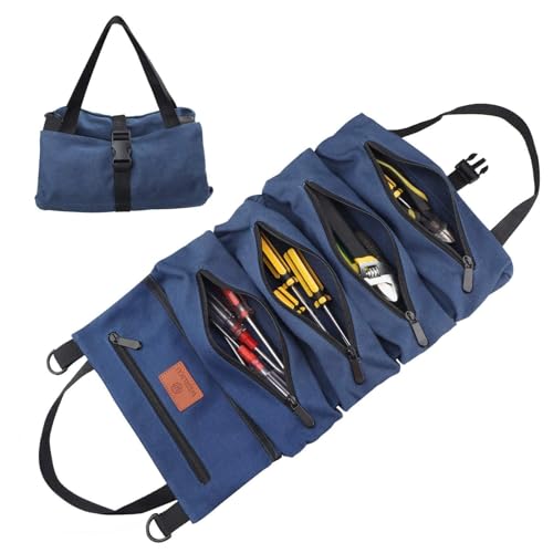 Roll Up Tool Bag, 16OZ Canvas Wrench Roll Up Pouch Multi-Purpose Tool Roll Organize, 5 Zippered Tool Pockets (Blue) - color: Blue, size: 5 Zipper Pockets