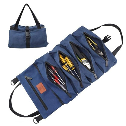 Roll Up Tool Bag, 16OZ Canvas Wrench Roll Up Pouch Multi-Purpose Tool Roll Organize, 5 Zippered Tool Pockets (Blue) - color: Blue, size: 5 Zipper Pockets