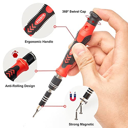 STREBITO Precision Screwdriver Set 124-Piece Electronics Tool Kit with 101 Bits Magnetic Screwdriver Set for Computer, Laptop, Cell Phone, PC, MacBook, iPhone, PS4, PS5, Xbox Repair - color: Red