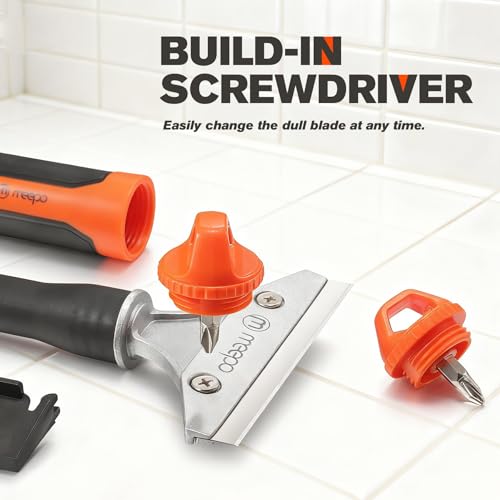 M MEEPO 5 in 1 Razor Blade Scraper & Caulking Tool Set, with 80 pcs Razor Blades & 5 pcs Scraper Blades, Extentable & Detachable Scraper Tool Oven Cleaner Caulk Grout Remover Tool for House Cleaning