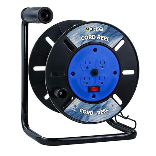 Extension Cord Storage Reel, Retractable Heavy Duty Open Cord Reel for 12/3,14/3,16/3 Gauge Extension Cord, Portable Empty Hand Wind Power Cord Roller Holder with 4-Grounded Outlets - color: Blue