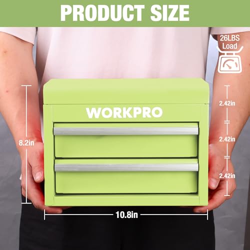 WORKPRO Metal Mini Tool Box, Top Tool Chest containing Two Drawers with Ball Bearing Slides, PVC Drawer Liners and PP Feet Pads, Durable Cold Rolled Steel Small Toolbox for Multi-Purpose Storage - color: Macaron Green