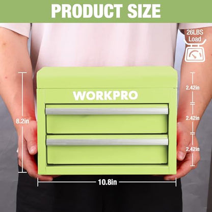 WORKPRO Metal Mini Tool Box, Top Tool Chest containing Two Drawers with Ball Bearing Slides, PVC Drawer Liners and PP Feet Pads, Durable Cold Rolled Steel Small Toolbox for Multi-Purpose Storage - color: Macaron Green