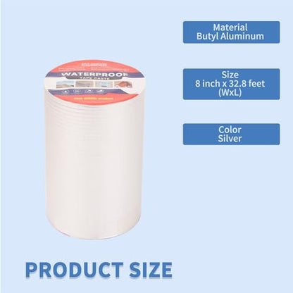8" W X 32.8'L Waterproof Tape for Leaks Aluminum Butyl Tape with Adhesive for RV Repair, Glass Repairs, Air Mattress Patch, Window Caulking, Boat Sealing, Roof Patching - size: 8in X 32.8ft