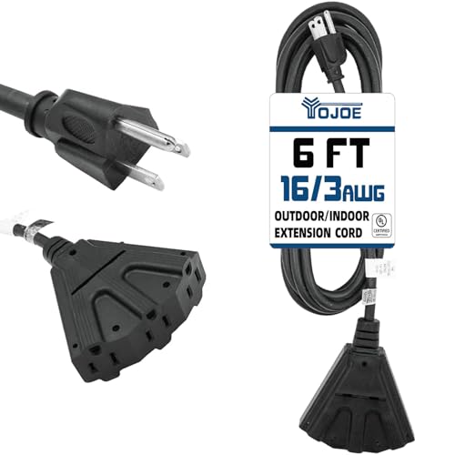 YOJOE 3-Outlets Indoor Outdoor Extension Cord, 3 Prong 13A Weatherproof Power Cord Multiple Outlets, 16 Gauge Heavy Duty 6 ft Black Extension Cord for Garage, Garden, 16/3 SJTW UL Listed - color: Black, size: 6 Foot, style: Standard
