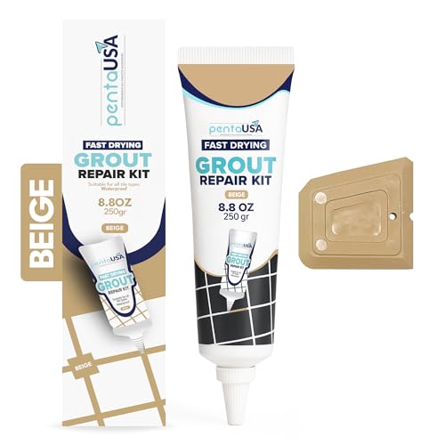PentaUSA Warm Beige Tile Grout Repair Kit - Premixed Sanded Grout for Bathroom Shower Kitchen Floor, Beige Collection, Water-Resistant Filler Tube with Applicator, Easy DIY Restore (8.8oz / 250g) - color: Warm Beige