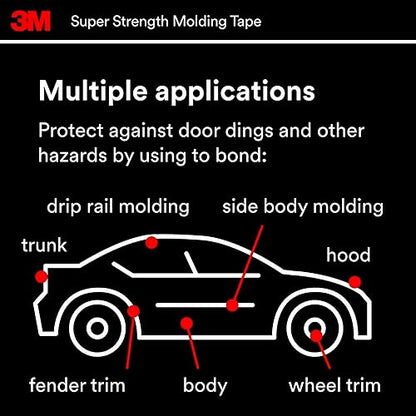 3M Super-Strength Molding Tape, 1/2 in x 15 ft, High Strength Double-Sided Adhesive, Permanently Attaches Side Moldings, Trim and Emblems to Interior and Exterior of Vehicles (03614)