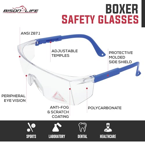 BISON LIFE Anti Fog Clear Safety Glasses with Adjustable Temple & Side Protection, Wraparound Anti-Scratch Lens, Clear Lens & Blue Temple, Lab Goggles, Mowing, Gardening & More (Pack of 3) - color: Clear/Blue