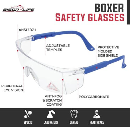 BISON LIFE Anti Fog Clear Safety Glasses with Adjustable Temple & Side Protection, Wraparound Anti-Scratch Lens, Clear Lens & Blue Temple, Lab Goggles, Mowing, Gardening & More (Pack of 3) - color: Clear/Blue