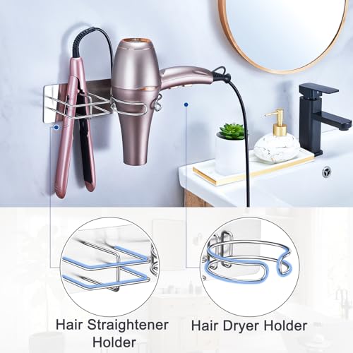 Hair Dryer and Straightener Holder Wall Mounted, Self Adhesive Blow Dryer and Flat Iron Storage Hair Tool Organizer for Bathroom Vanity (Silver) - color: Silver