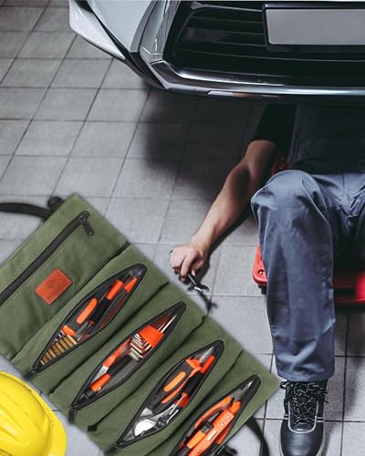 Tool Roll Up Pouch - 16oz Canvas Multi-Purpose Wrench Roll Up Bag, Organizer with 5 Zipper Tool Pockets, Hanging Carrier (Green) - color: Green, size: 5 Zipper Pockets