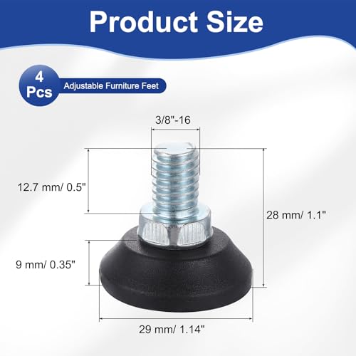 uxcell 3/8"-16 Thread Furniture Feet Levelers, 4Pcs 12.7mm l Adjustable Furniture Feet Screw in Threaded Leveling Leg Screw on Chair Foot Glides Leveling for Table Chair Cabinet Black - size: 3/8"-16 12.7mm