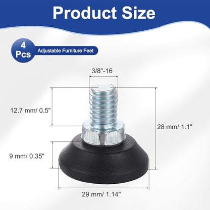 uxcell 3/8"-16 Thread Furniture Feet Levelers, 4Pcs 12.7mm l Adjustable Furniture Feet Screw in Threaded Leveling Leg Screw on Chair Foot Glides Leveling for Table Chair Cabinet Black - size: 3/8"-16 12.7mm