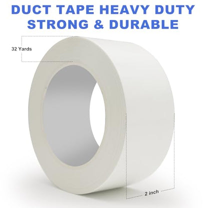 White Duct Tape Heavy Duty Waterproof, 2 Inches x 32 Yards, Strong, Durable, Easy-Tear by Hand, Residue-Free for Home Repairs, Fixed Carpet Edge, DIY Projects - color: White