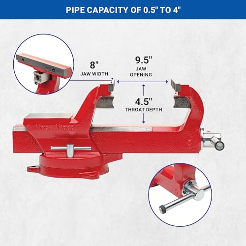 Yost Vises ADI-8 Heavy Duty Vise | 130,000 PSI Tensile Strength Austempered Ductile Iron Bench Vise | 8 Inch Jaw Width with a 360 Degrees Interlocking Swivel Base and 2 Lockdowns | Red - size: 8 inches