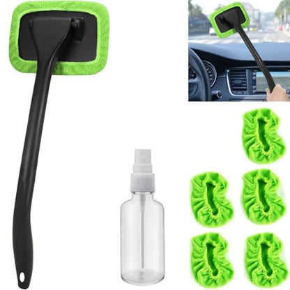 desin Car Windshield Cleaning Tool, Windshield Cleaner with 5 Washable and Reusable Microfiber Pads and Extendable Handle, for Auto Glass Wiper (Green) - color: Green