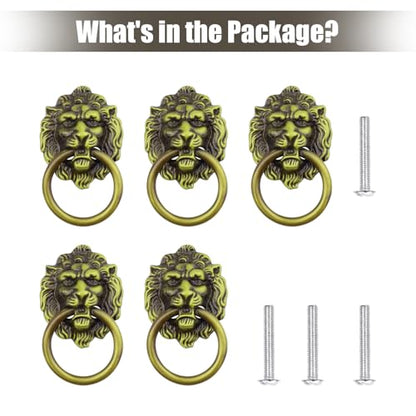5 Pcs Antique Cabinet Drawer Knobs Pulls with Screws, Vintage Bronze Drop Ring Handles Knobs Hardware for Dresser Cupboard Closet Jewelry Box (Lion Head) - style: Lion Head