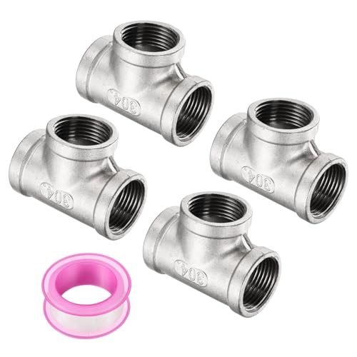 uxcell 4 Pcs 304 Stainless Steel Tee Pipe Fittings G3/4" Female Tee Adapter 3 Way t Shaped Cast Pipe Fitting Connector with Seal Tape for Plumbing Drainage Pipes Heating Systems - size: G3/4"