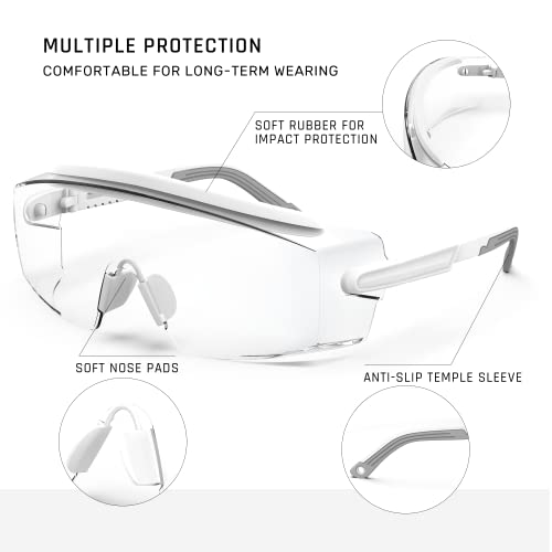 Anti Fog Safety Glasses Safety Goggles Over Glasses Protective Glasses with Anti Scratch Lenses Adjustable - color: White