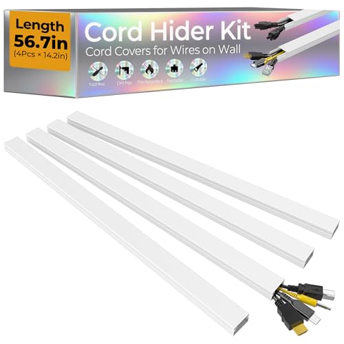 56.7in Cable Hider Cord Hider, Wire Covers for 2-4 Cords on Wall, Premium Cord Covers for Wires on Wall, Easy Set-up Wire Hider to Hide Tv Wires, Lamp, Speaker Cords, W0.95 H0.55in, White - color: White, size: 56.7in L x 0.95in W x 0.55in H