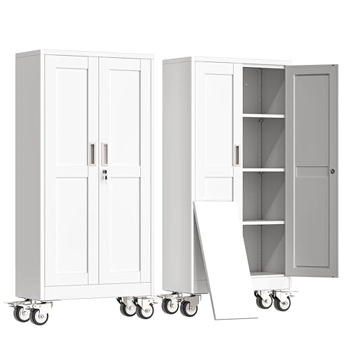 erosoei 61" H Metal Garage Storage Cabinet, Rolling Tool Cabinet with 2 Doors and Wheels, Locker Steel Cabinet with 3 Adjustable Shelves, Organization Cabinet for Garage,Office,Home,Gym,School（White） - color: White, size: 61"With wheels and locks