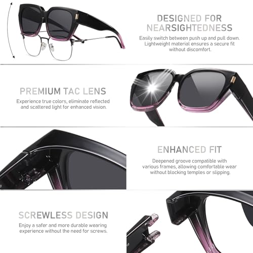 HAOLOTA Polarized Fit Over Glasses Sunglasses for Women Men Trendy Square Wrap Around Shades UV Protection - color: L Size 12 Black-purple/Grey